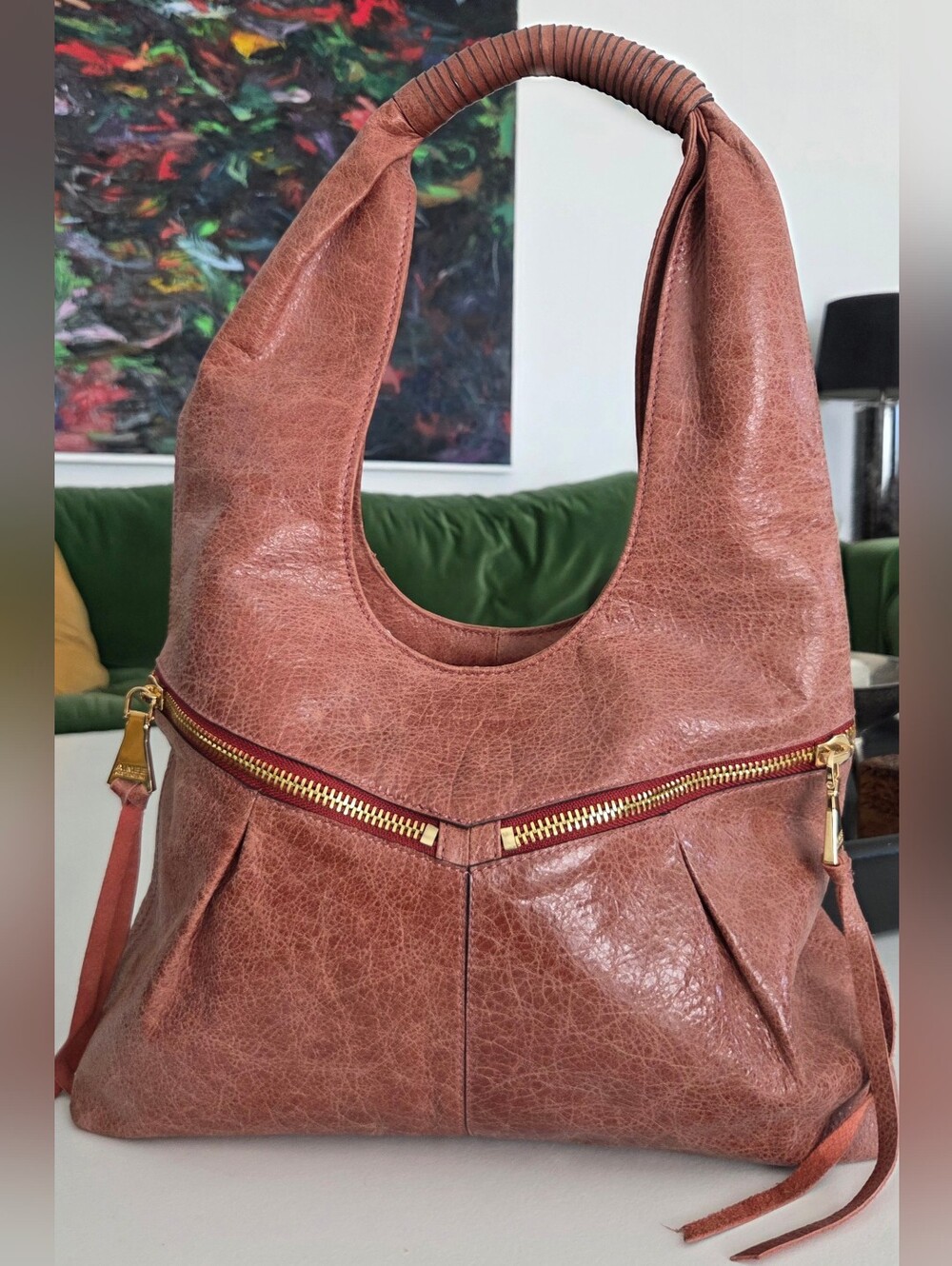 Aimee Kestenberg Leather Gia A-Line Hobo Bag, Dusty Rose / Light Rusty Brown